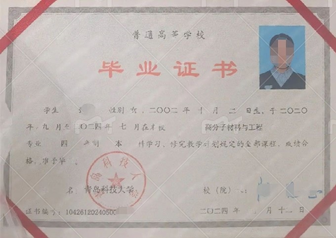 青岛科技大学2024年普通全日制本科毕业证书样本图片（高分子材料与工程）