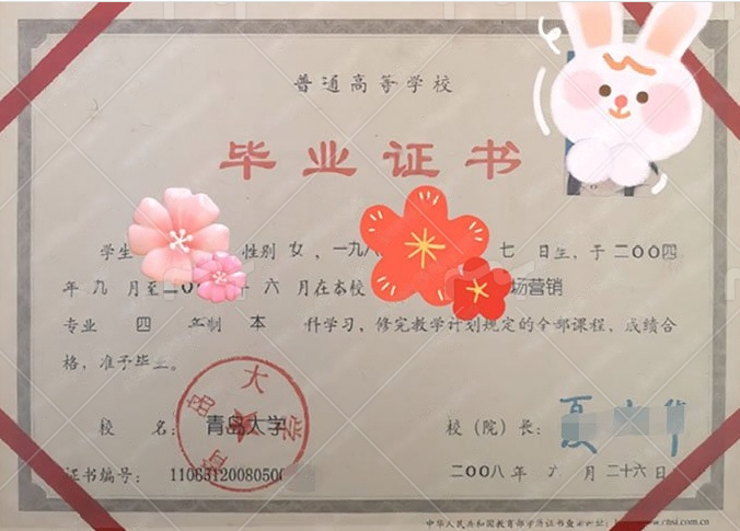 青岛大学2008年普通全日制本科毕业证书样本图片（市场营销）